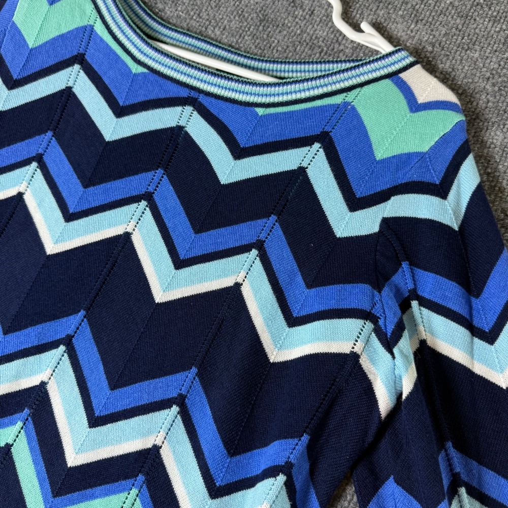 Susan Graver Chevron Knit Sweater Women Medium Blue‎ Green White Long Sleeve